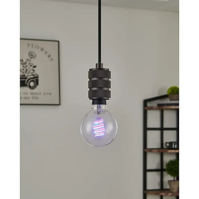 Eglo connect.z Smart-LED-Lampe - E27, Dimmbar, RGBW, 5 W, 400 lm, G80, 1 Stk. - Nahaufnahme einer stilvollen Hängelampe mit einer dekorativen Glühbirne und einem industriellen Lampenschirm.