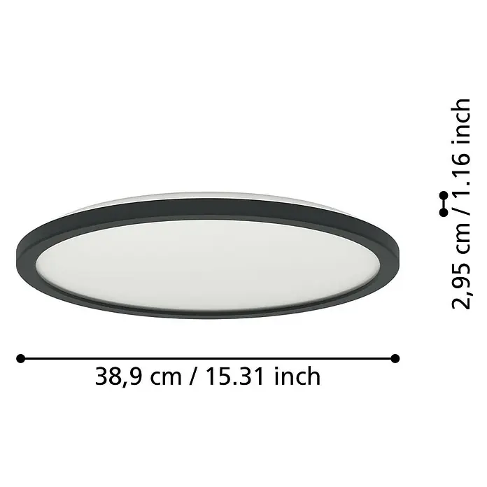 Eglo connect.z LED-Panel rund Rovito-Z - 18,5 W, Ø x H: 39 x 3 cm, Schwarz, RGBW - Abbildung einer modernen LED-Deckenleuchte mit den Maßen 38,9 cm Durchmesser und 2,95 cm Höhe.