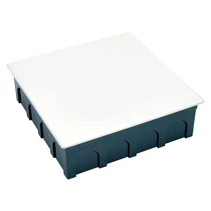 Famatel Caja de empotrar con tapa - 20 cm x 20 cm x 60 mm, Empotrado, Blanco - Esta toma muestra una caja de suelo cuadrada con una tapa blanca y un cuerpo azul oscuro, diseñada para ser robusta e ideal para aplicaciones en el suelo.