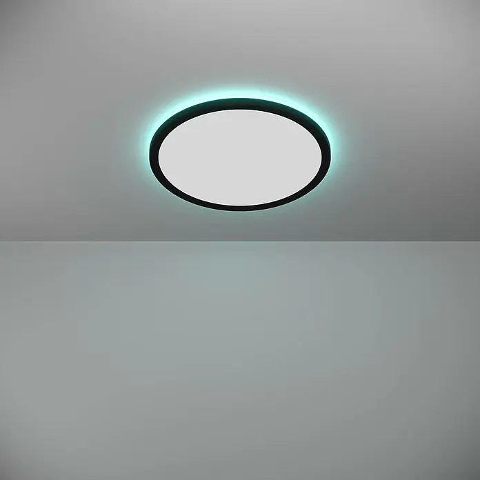 Eglo connect.z LED-Panel rund Rovito-Z - 18,5 W, Ø x H: 39 x 3 cm, Schwarz, RGBW - Deckenleuchte mit rundem, schwarzem Rahmen und bläulichem Schein im modernen Design. Die Lampe sorgt für angenehmes Licht.