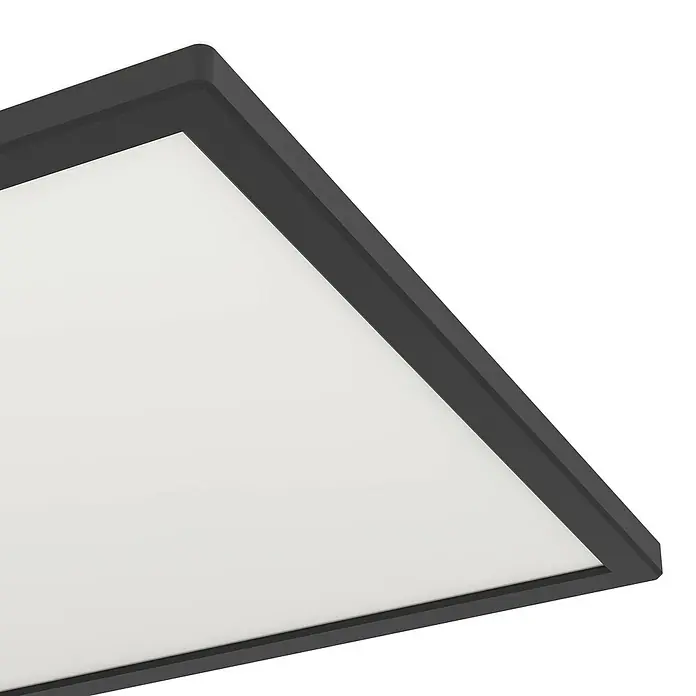 Eglo connect.z LED-Panel Rovito-Z - 17,6 W, L x B x H: 39 x 39 x 3 cm, Schwarz, RGB - Nahaufnahme einer modernen, quadratischen Deckenleuchte mit schwarzem Rahmen und weißem Diffusor, die eine elegante Beleuchtungslösung bietet.