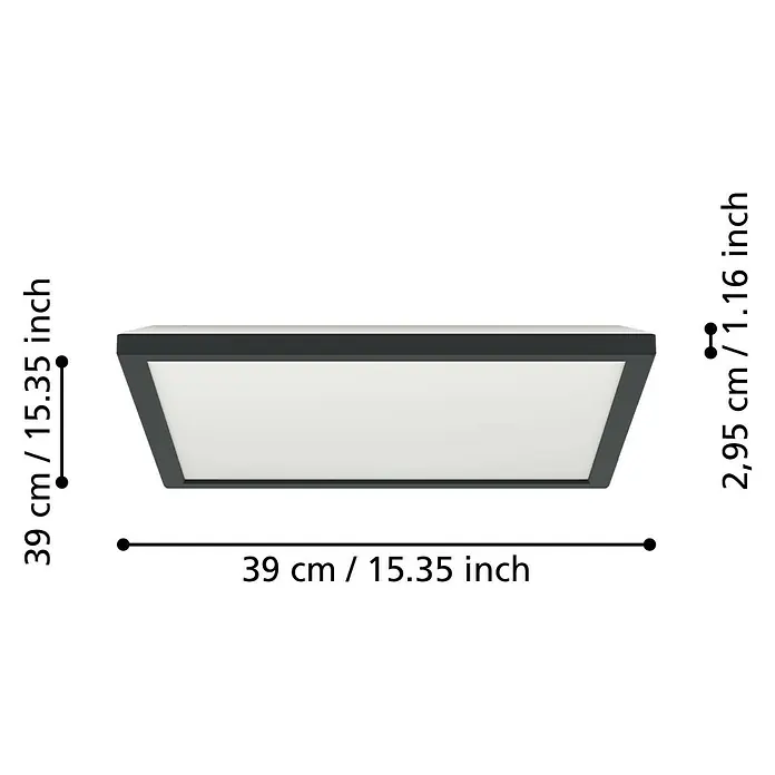 Eglo connect.z LED-Panel Rovito-Z - 17,6 W, L x B x H: 39 x 39 x 3 cm, Schwarz, RGB - Produktbild einer Deckenleuchte mit den Maßen 39 x 39 cm und einer Höhe von 2,95 cm. Die Leuchte hat einen dunklen Rahmen und eine weiße Fläche.