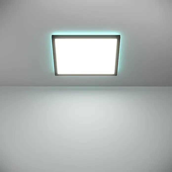 Eglo connect.z LED-Panel Rovito-Z - 17,6 W, L x B x H: 39 x 39 x 3 cm, Schwarz, RGB - Rechteckige LED-Deckenleuchte mit einem blaugrünen Lichtschein, montiert an einer grauen Decke.