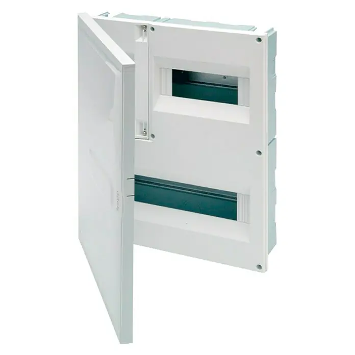 Famatel Cuadro eléctrico empotrado Vita ICP32 - Número de hileras: 2 ud., 30,4 x 6,2 cm, Blanco - Caja de distribución empotrable con puerta abierta, ideal para instalaciones eléctricas interiores.