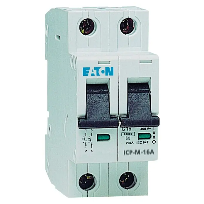 Eaton Magnetotérmico automático F+N Moeller - C, 10 A, Corriente de falla de diseño: 6 kA, 1 ud. - Un interruptor automático doble Eaton ICP-M-16A diseñado para proteger los circuitos eléctricos de sobrecarga y cortocircuitos.
