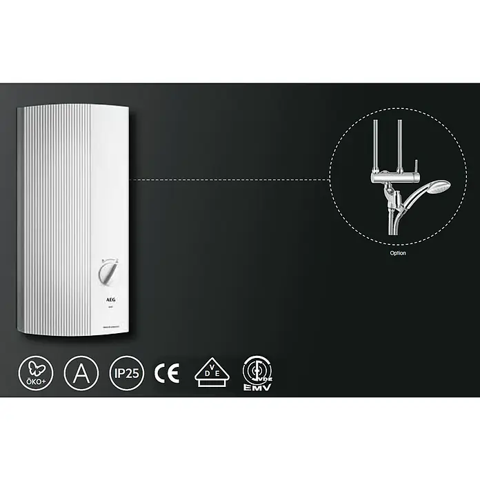 AEG Durchlauferhitzer DDLE Easy - 21 kW, Elektronisch - Produktbild eines AEG Durchlauferhitzers mit optionalem Duschkopf, präsentiert auf dunklem Hintergrund.