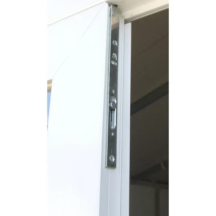 Grosfillex Caseta para jardín Deco - Medidas ext. (An x Pr): 370 x 298 cm, Plástico, Beige/Blanco, 7,5 m² - Pestillo de seguridad metálico en un marco de puerta o ventana blanco.