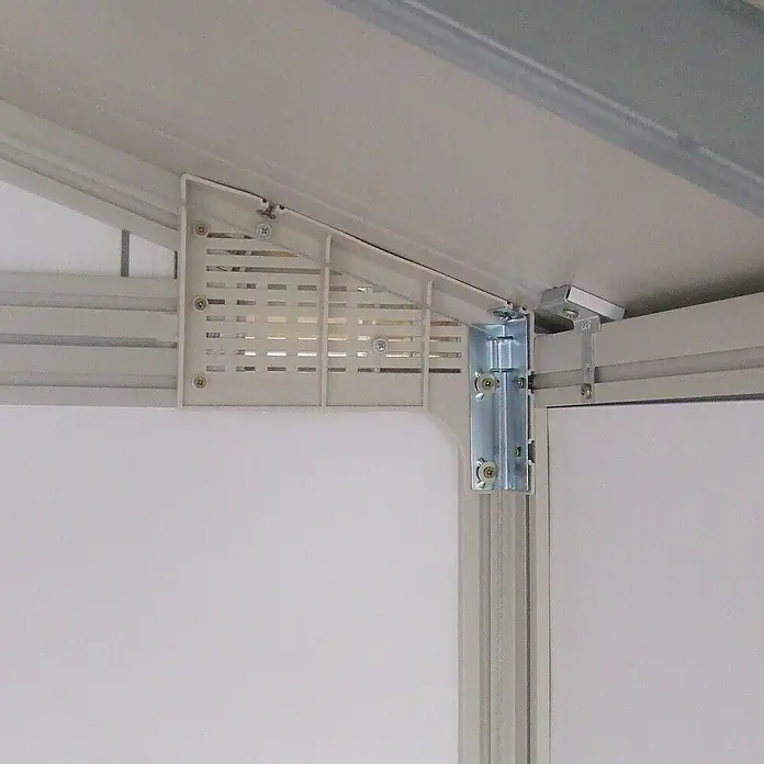 Grosfillex Caseta para jardín Deco - Medidas ext. (An x Pr): 370 x 298 cm, Plástico, Beige/Blanco, 7,5 m² - Soporte de esquina de plástico y metal gris claro para montaje de marco.