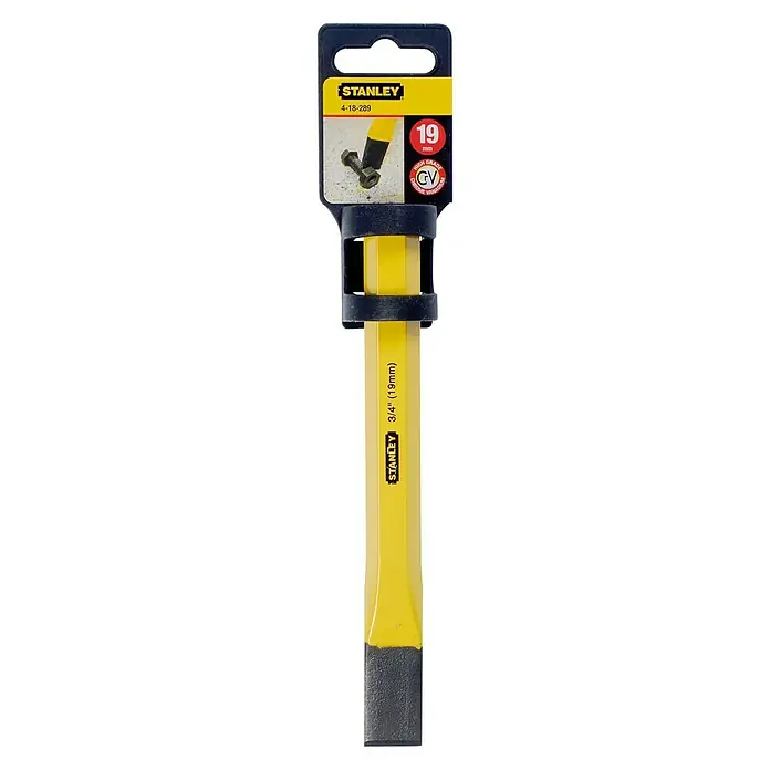 Stanley Cincel plano - An x L: 19 x 175 mm, Acero - Cincel Stanley de 3/4" (19mm) con mango amarillo y hoja negra, empaquetado en una tarjeta con el logo de Stanley.