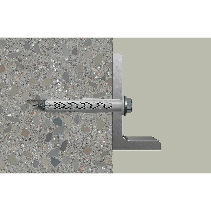 Fischer Langschaftdübel SXRL-FUS - Ø x L: 8 x 100 mm, Nylon, Stahl, 4 Stk. - Detailaufnahme einer Dübelbefestigung in einer Betonwand mit einer metallenen L-förmigen Halterung.