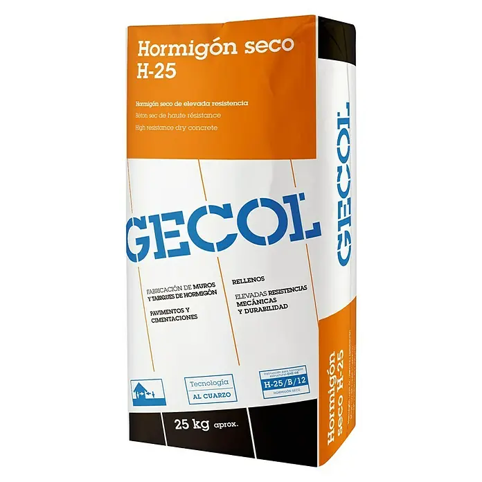 Gecol Hormigón seco H-25 - 25 kg - Imagen de "Hormigón seco H-25", un hormigón seco de alta resistencia ideal para muros, cimentaciones y reparaciones.