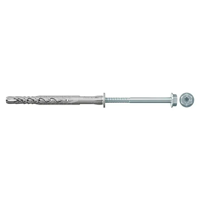 Fischer Langschaftdübel SXRL-FUS - Ø x L: 8 x 100 mm, Nylon, Stahl, 4 Stk. - Abbildung eines Fischer Dübels mit Schraube. Ideal für sichere Befestigungen in verschiedenen Baumaterialien.