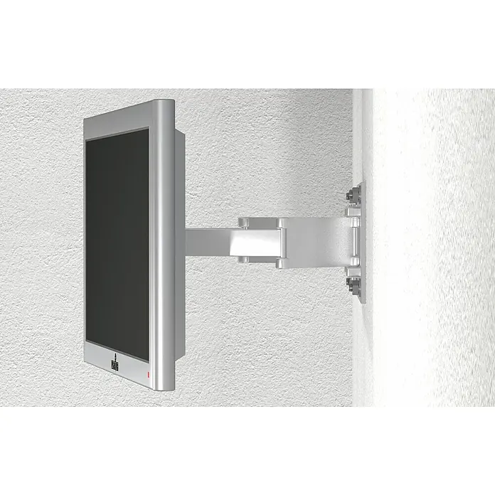Fischer Langschaftdübel SXRL - Länge Dübel: 100 mm, Durchmesser Bohrloch: 8 mm, Stahl, 4 Stk. - Nahaufnahme eines an einer Wand montierten Monitors mit verstellbarer Halterung, die eine flexible Positionierung des Bildschirms ermöglicht.