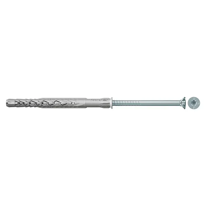 Fischer Langschaftdübel SXRL - Länge Dübel: 100 mm, Durchmesser Bohrloch: 8 mm, Stahl, 4 Stk. - Das Bild zeigt einen Fiscer Dübel UX mit Schraube, ein vielseitiges Befestigungselement für verschiedenste Materialien und Anwendungen.