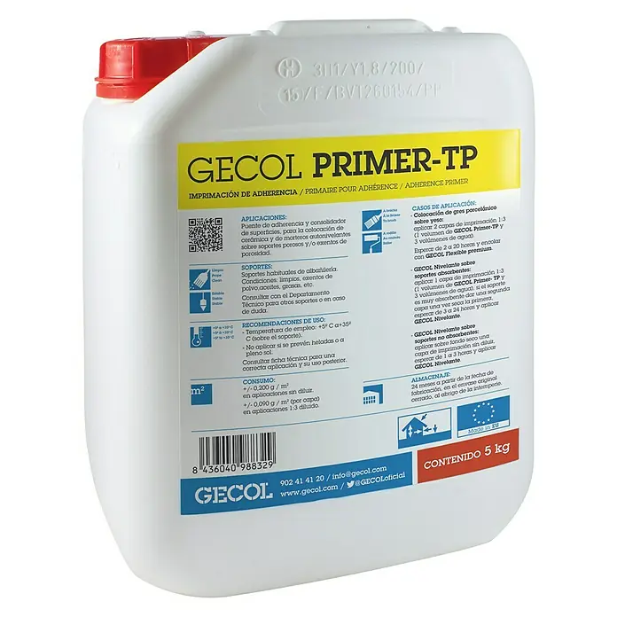 Gecol Imprimación adhesiva - 5 l, Idoneidad de material: Cemento - GECOL Primer-TP: Imprimación de adherencia para diversas superficies, ideal para preparar trabajos de cerámica y mortero. Alta calidad, 5 kg.