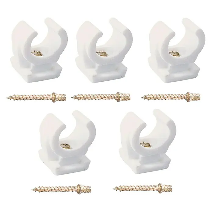Set de clips para tubo - 5 ud., Diámetro: 22 mm, Polipropileno - Primer plano de cinco clips de tubo blancos con sus tornillos a juego, todo sobre un fondo blanco impecable.