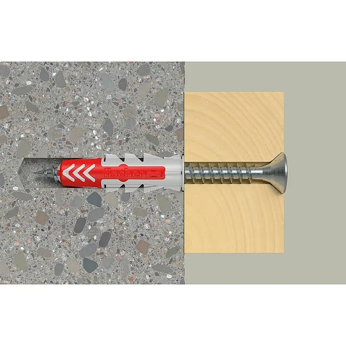 Fischer Schrauben- & Dübel-Set DuoPower 6,8,10 S - Geeignet für: Voll- und Lochbaustoffe, Nylon, Stahl, 18 Stk. - Befestigungstechnik: Ein Fischer-Dübel mit Schraube, der in einer Betonwand und einem Holzstück verankert ist, für sicheren Halt.