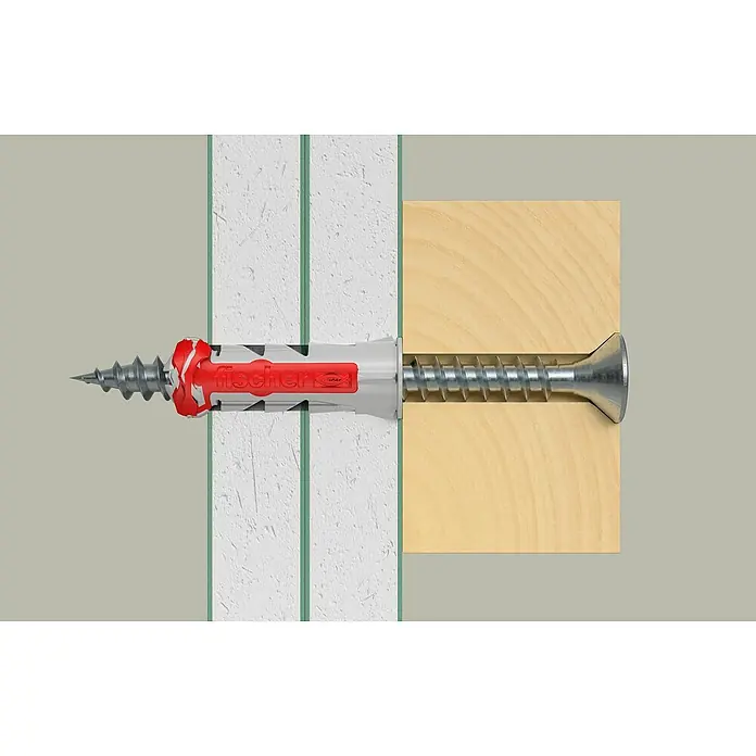 Fischer Schrauben- & Dübel-Set DuoPower 6,8,10 S - Geeignet für: Voll- und Lochbaustoffe, Nylon, Stahl, 18 Stk. - Das Bild zeigt einen Fischer Dübel mit Schraube, der in einer Wand und einem Holzstück befestigt ist. Ideal für sichere Befestigungen.