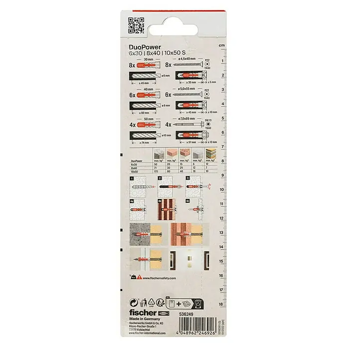 Fischer Schrauben- & Dübel-Set DuoPower 6,8,10 S - Geeignet für: Voll- und Lochbaustoffe, Nylon, Stahl, 18 Stk. - fischer DuoPower Dübeldetails und Montageanleitung.