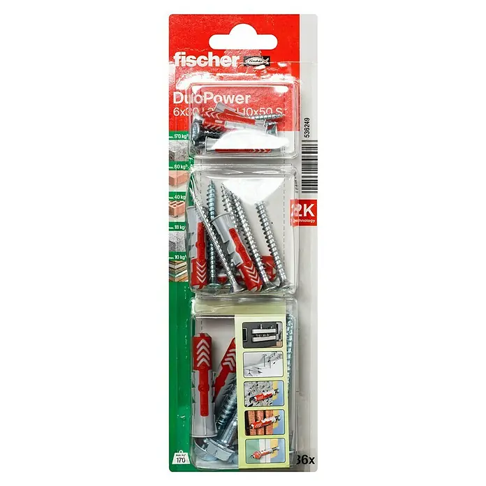 Fischer Schrauben- & Dübel-Set DuoPower 6,8,10 S - Geeignet für: Voll- und Lochbaustoffe, Nylon, Stahl, 18 Stk. - Produktaufnahme der Fischer DuoPower Dübelpackung 6x30+10x50 S mit Schrauben, die eine sichere Befestigung in verschiedenen Materialien gewährleisten.