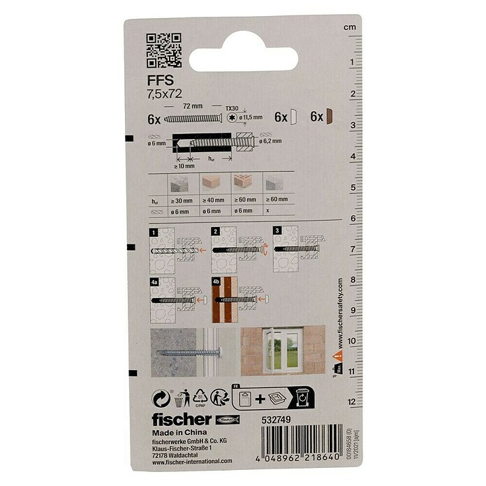 Fischer Fensterrahmenschraube FFS (Ø x L: 7,5 x 72 mm, Durchmesser Bohrloch: 6 mm, 6 Stk.) | BAUHAUS