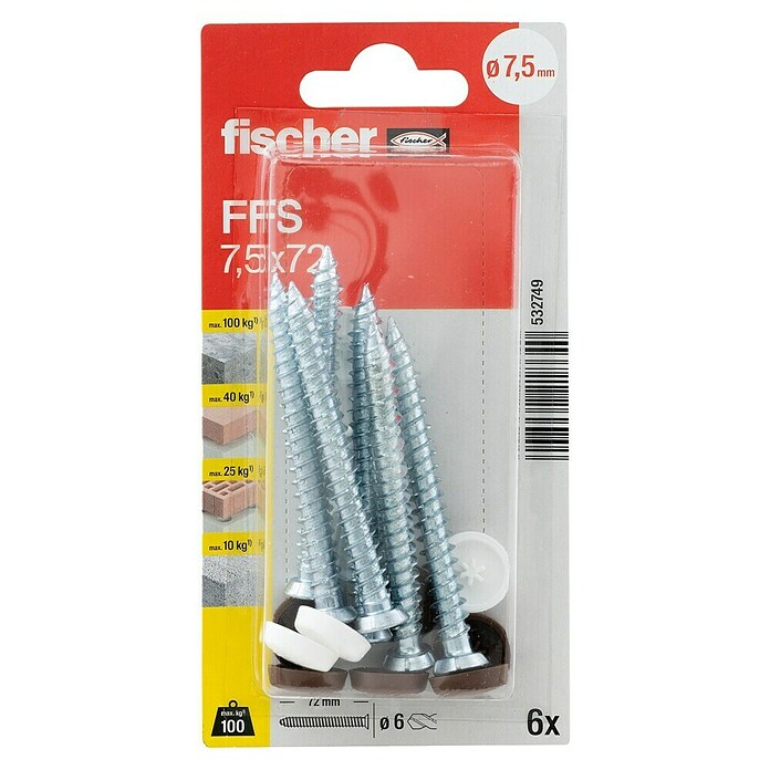 Fischer Fensterrahmenschraube FFS (Ø x L: 7,5 x 72 mm, Durchmesser Bohrloch: 6 mm, 6 Stk.) | BAUHAUS