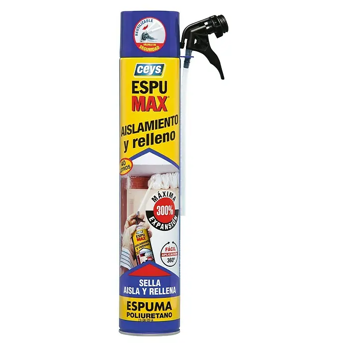Ceys Adhesivo para montaje Espumax poliuretano - 750 g - Imagen de una lata de aerosol de espuma de poliuretano Ceys Espu Max, para aislamiento y relleno, con un máximo de expansión del 300%.