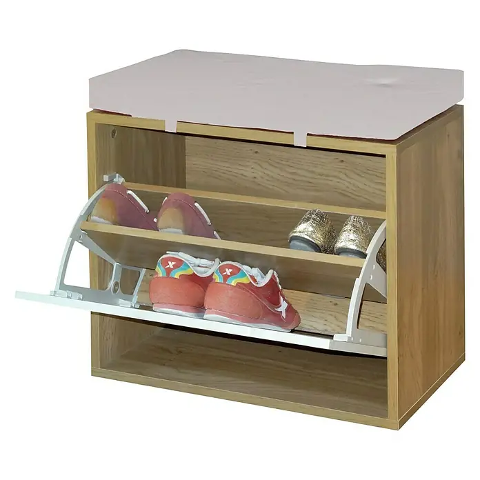 Asiento con espacio de almacenaje - L x An x Al: 30 x 46 x 50 cm, Blanco - Un zapatero de madera con asiento acolchado y dos compartimentos abatibles, que guarda los zapatos de forma ordenada.