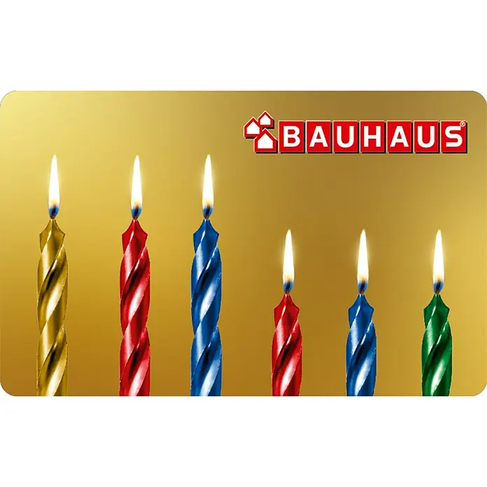 Gutscheinkarte - Zum Selbstausdruck, Individueller Betrag, Geburtstagsgrüße - Festliche Bauhaus Geburtstagskerzen in Gold, Rot, Blau und Grün.