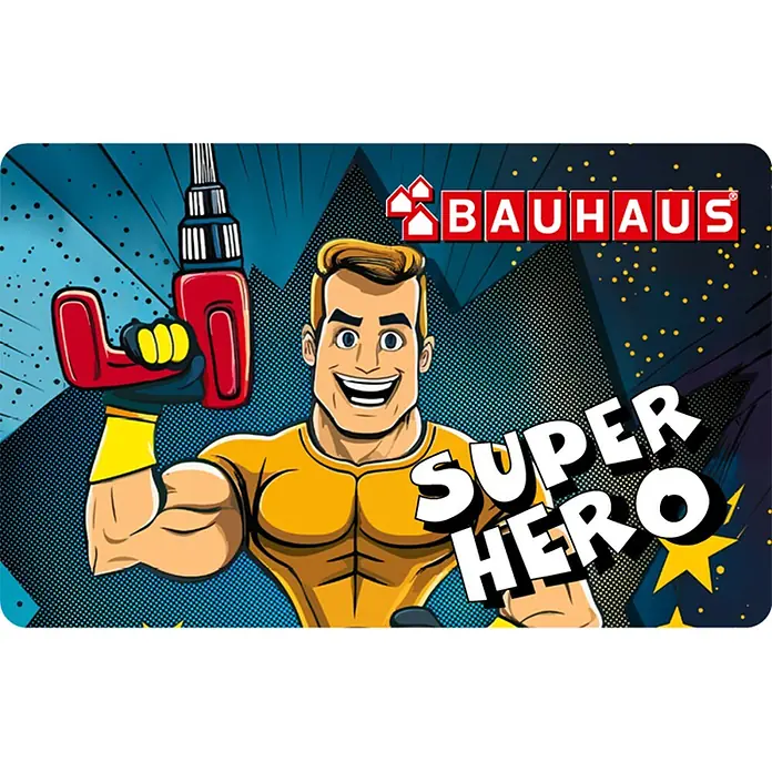 Gutscheinkarte - Zum Selbstausdruck, Individueller Betrag, Super Hero Vatertag - Cartoonbild eines muskulösen Mannes mit einem Bauhaus-Bohrer, der als Heimwerker-Superheld dargestellt wird.