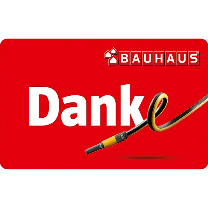 Gutscheinkarte - Zum Selbstausdruck, 10 Euro, Danke - Roter Hintergrund mit Bauhaus-Logo, dem Wort "Danke" und einem gelb-schwarzen Gartenschlauch.