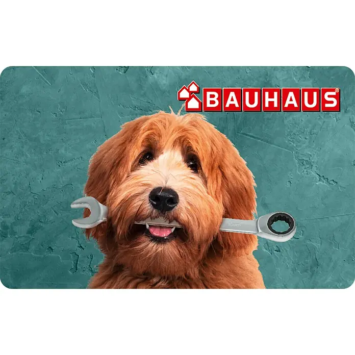Gutscheinkarte - Zum Selbstausdruck, Individueller Betrag, Freude des Hundes 2 - Ein niedlicher Hund hält einen Maulschlüssel im Maul, während das Bauhaus-Logo im Hintergrund zu sehen ist.