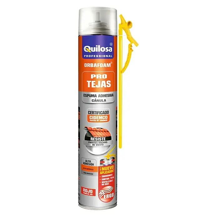 Quilosa Espuma adhesiva de PU Orbafoam Pro Tejas - Volumen neto: 750 ml - Un bote de adhesivo para tejas Quilosa Orbafoam Pro Tejas, ideal para fijar tejas. Dispone de un aplicador Ergo para una aplicación precisa.