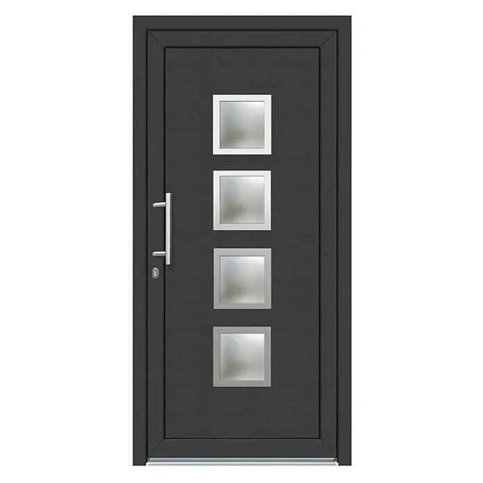 Panto Haustür K 025 - 110 x 210 cm, DIN Anschlag: Links, Anthrazit/Weiß - Moderne anthrazitfarbene Eingangstür mit vier quadratischen Milchglaseinsätzen und einem langen silbernen Griff.