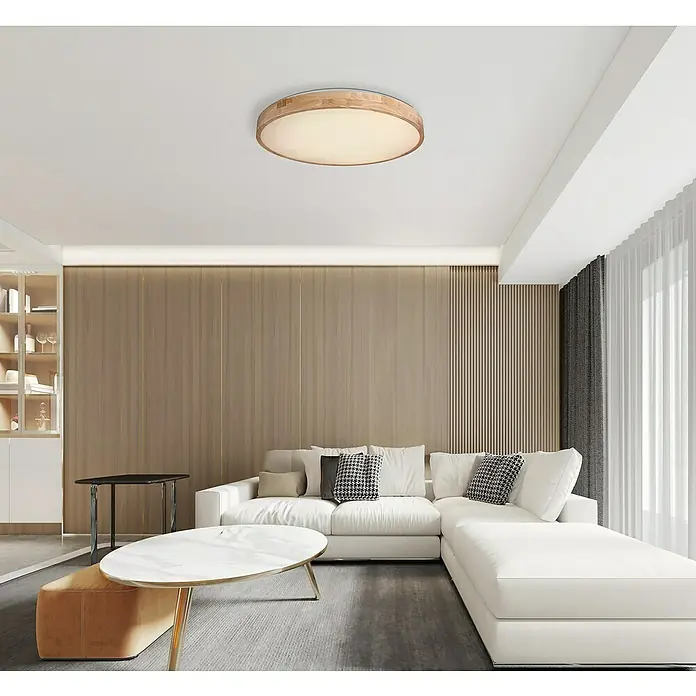 Globo LED-Deckenleuchte rund RAINER - 60 W, Ø x H: 80 x 10,5 cm, Holz, Mehrfarbig - Die Deckenleuchte mit Holzrand erhellt das Wohnzimmer. Das warme Licht setzt einen gemütlichen Akzent im Raum.