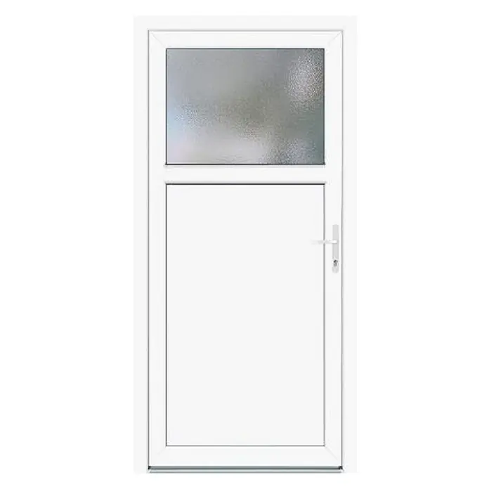 Panto Nebeneingangstür K 401 - 98 x 208 cm, DIN Anschlag: Rechts, Weiß - Eine weiße Tür mit einem kleinen, blickdichten Fenster im oberen Bereich und einem Türgriff auf der rechten Seite.