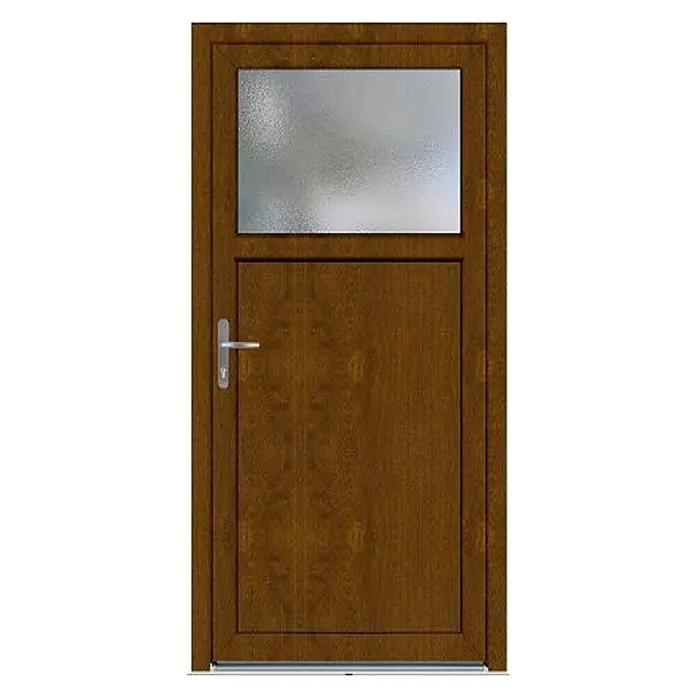 Panto Nebeneingangstür K 501 - 88 x 198 cm, DIN Anschlag: Links, Golden Oak - Eine braune Tür mit einem Fenster oben und einem silbernen Griff. Die Tür hat eine glatte Holzstruktur und einen modernen Look.