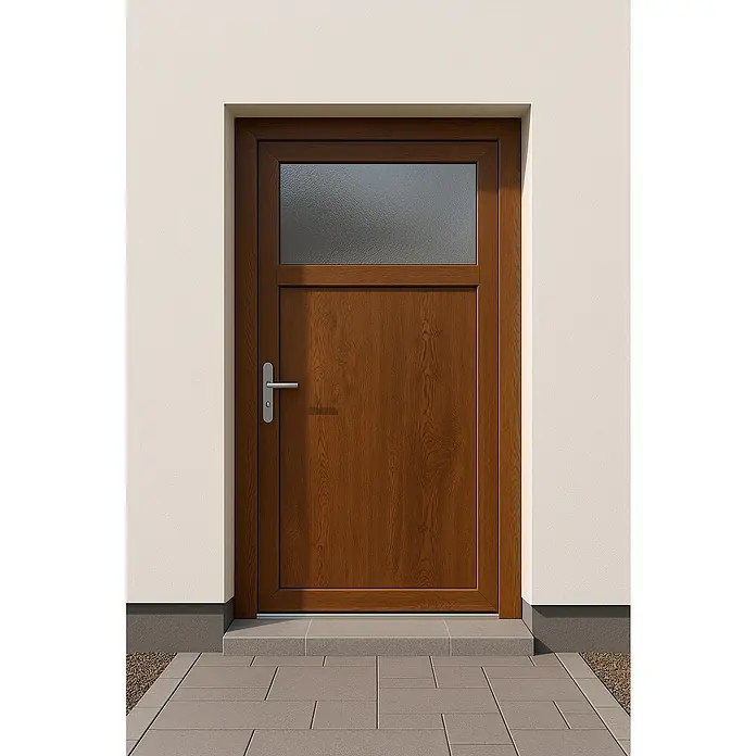 Panto Nebeneingangstür K 501 - 88 x 198 cm, DIN Anschlag: Links, Golden Oak - Braune Holzeingangstür mit Milchglas und silbernem Griff.
