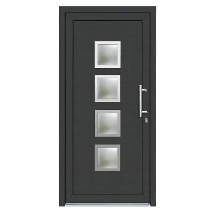 Panto Haustür K 025 - 100 x 200 cm, DIN Anschlag: Rechts, Anthrazit/Weiß - Dunkelgraue moderne Haustür mit vier quadratischen Glasfeldern und gebürstetem Metallgriff.