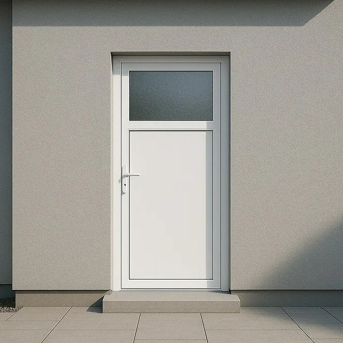 Panto Nebeneingangstür Donau K 30188 x 198 cm, DIN Anschlag: Links, Weiß - Eine moderne, weiße Haustür mit einem Fenster oben, eingebettet in eine strukturierte Wand. Die Tür strahlt Schlichtheit und Eleganz aus.