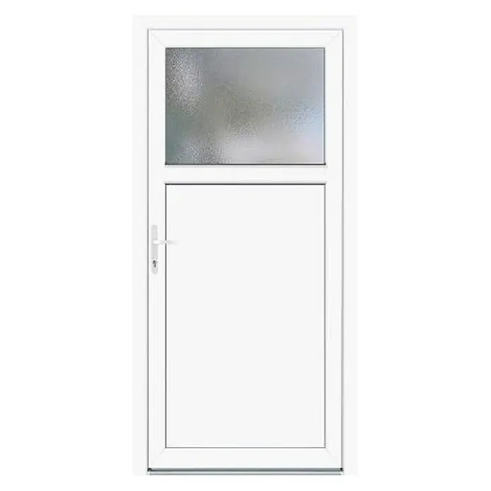 Panto Nebeneingangstür K 201 - 98 x 198 cm, DIN Anschlag: Links, Weiß - Weiße Tür mit strukturiertem Glasfenster im oberen Bereich, ideal für Privatsphäre und stilvolles Design.