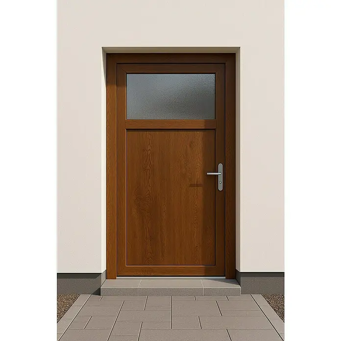 Panto Nebeneingangstür K 501 - 88 x 198 cm, DIN Anschlag: Rechts, Golden Oak - Eine moderne, braune Haustür in Holzoptik mit rechteckigem Milchglaspanel und elegantem silbernem Griff.