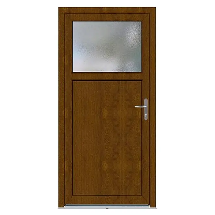 Panto Nebeneingangstür K 501 - 98 x 198 cm, DIN Anschlag: Rechts, Golden Oak - Eine braune Haustür mit einem Glasfenster im oberen Bereich und einem silbernen Türgriff.