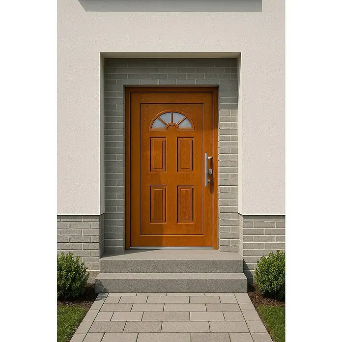 Panto Haustür K 001 - 110 x 210 cm, DIN Anschlag: Rechts, Golden Oak - Braune Holzeingangstür mit halbrundem Glaseinsatz, in grauem Ziegelrahmen mit Stufen.