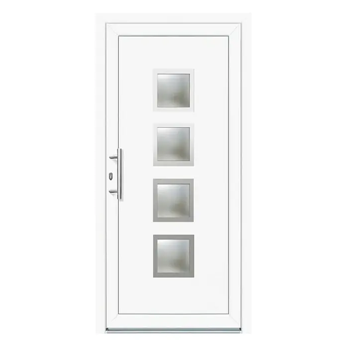 Panto Haustür K 025 - 100 x 200 cm, DIN Anschlag: Links, Weiß - Weiße moderne Eingangstür mit vier quadratischen Milchglas-Einsätzen und einem langen silbernen Griff.