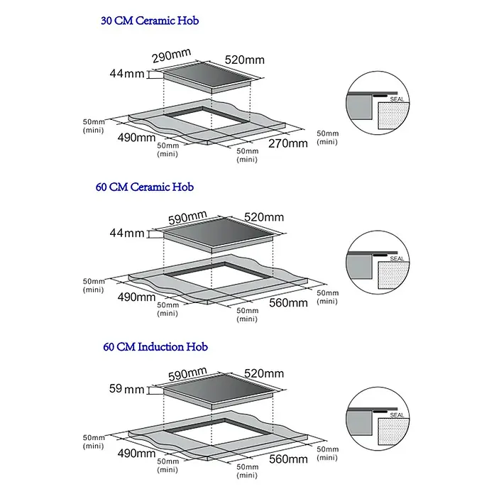 Pyramis Induktionskochfeld 40110 - Anzahl Induktionskochstellen: 4 Stk. - Abbildung von drei verschiedenen Kochfeldern, darunter ein 30-cm-Keramikkochfeld, ein 60-cm-Keramikkochfeld und ein 60-cm-Induktionskochfeld mit Maßangaben.