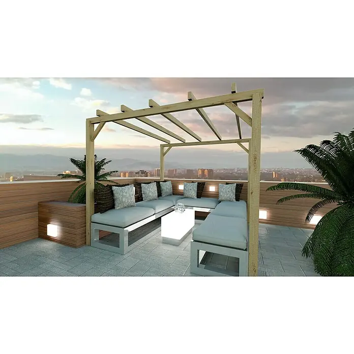 Pérgola estándar Eco - L x An x Al: 300 x 300 x 250 cm, Natural - Esta toma captura una elegante terraza en la azotea con una pérgola y una cómoda zona de estar. La iluminación crea un ambiente acogedor.