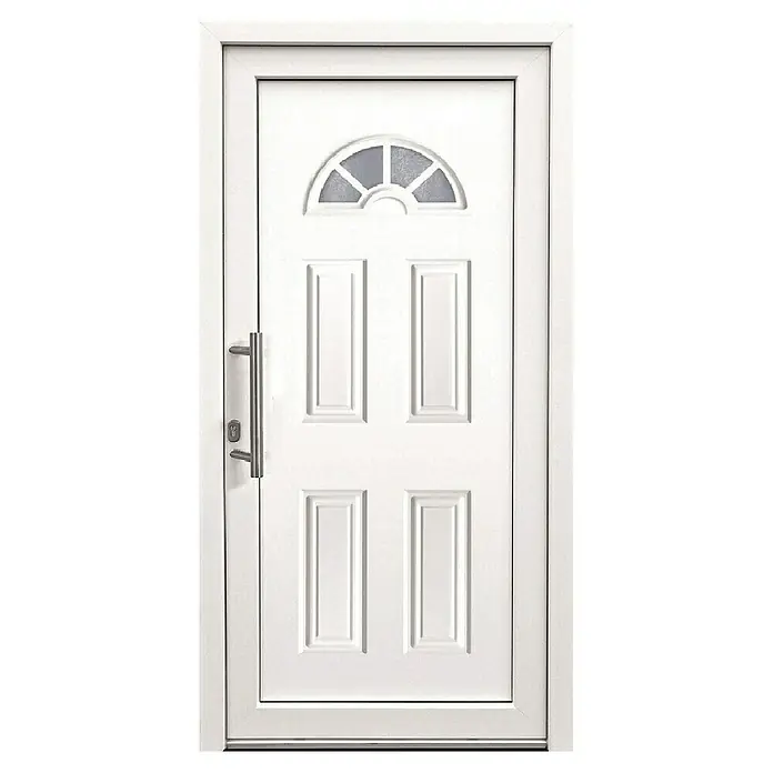 Panto Haustür K 001 - 110 x 210 cm, DIN Anschlag: Links, Weiß - Weiße Tür mit Fenstereinsatz und Griff aus Edelstahl. Die Tür hat ein klassisches Design mit vier rechteckigen Feldern.