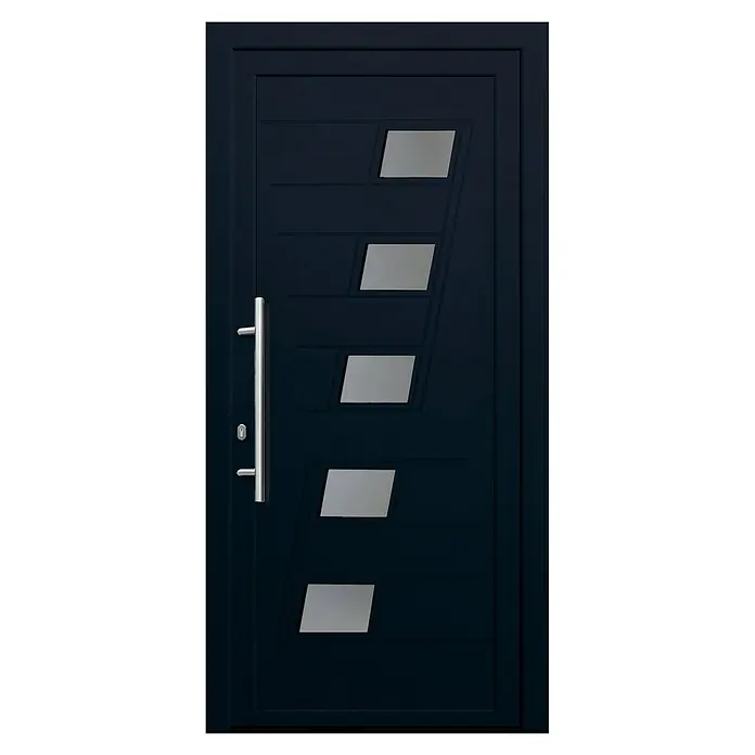 Panto Haustür K 043 - 110 x 210 cm, DIN Anschlag: Links, Anthrazit/Weiß - Moderne dunkelblaue Eingangstür mit langem silbernem Griff und fünf rautenförmigen Fenstern.