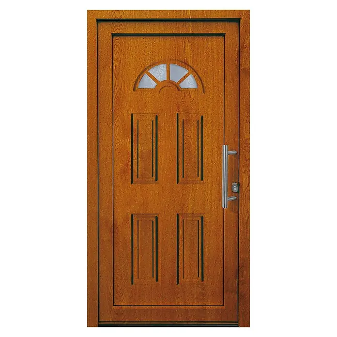 Panto Haustür K 001 - 110 x 210 cm, DIN Anschlag: Rechts, Golden Oak - Braune Holztür mit halbrundem Milchglasfenster und modernem silbernem Stangengriff.
